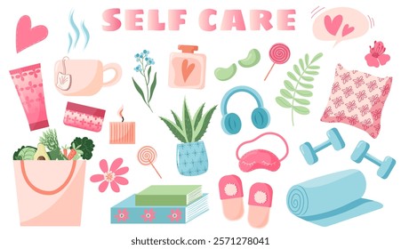 Self care collection. Vector illustrations. Well-being, harmony, lifestyle set. Love yourself