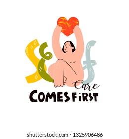 Self care comes first. Attractive girl holding heart isolated on white background. Hand drawn vector illustration in trendy style