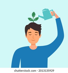 Self care or self compassion concept vector illustration. Mental health or psychological therapy. Man watering plant on his head in flat design.