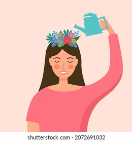 Self care or self compassion concept vector illustration. Mental health or psychological therapy. Woman watering flower on her head in flat design.