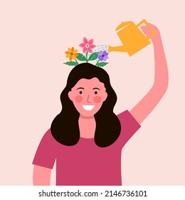 Self care or self compassion concept vector illustration. Mental health or psychological therapy. Woman watering flower plant on her head in flat design.