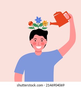 Self care or self compassion concept vector illustration. Mental health or psychological therapy. Man watering flower plant on his head in flat design.