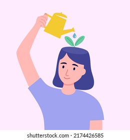 Self care or self compassion concept vector illustration. Mental health or psychological therapy. Woman watering plant on her head in flat design.