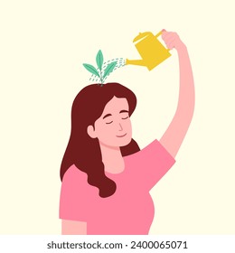 Self care or self compassion concept vector illustration. Mental health or psychological therapy. Woman watering plant on her head in flat design.