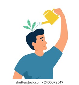 Self care or self compassion concept vector illustration. Mental health or psychological therapy. Ma watering plant on his head in flat design.