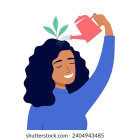 Self care or self compassion concept vector illustration. Mental health or psychological therapy. Woman watering plant on her head in flat design.