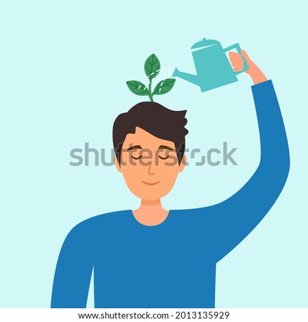 Self care or self compassion concept vector illustration. Mental health or psychological therapy. Man watering plant on his head in flat design.