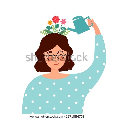 Self care or self compassion concept vector illustration. Mental health or psychological therapy. Woman watering flower on her head in flat design.