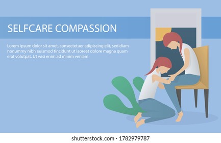 self care and self compassion concept,sad woman sitting hug yourself with love and encourage,mental health people,vector illustration.