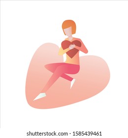 Self Care And Self Compassion Concept,woman Or Girl Sit Hug Heart Red,pink Background.