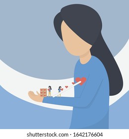 Self Care And Self Compassion Concept,woman Or Girl Delivering A Red Heart To Herself,Vector Illustration Design.