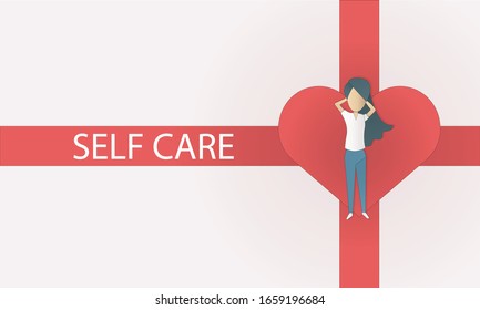 self care and self compassion concept,woman or girl sleeping sadly on a red heart,Red ribbon with text, white background,Vector illustration outline design.