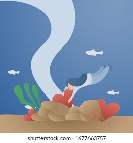 self care and self compassion concept,woman or girl looking for love in the ocean,Vector illustration.