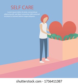 self care and self compassion concept,Woman or girl picks red heart out of the box,Vector illustration.