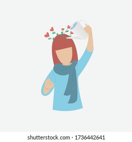 self care and self compassion concept,Woman or girl watering it on her head from a watering can,Red heart shaped flower,Add freshness and confidence,Vector illustration.