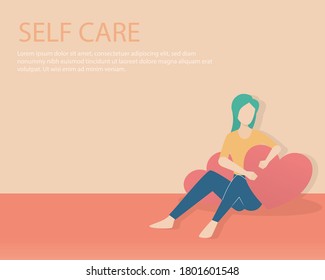 self care and self compassion concept,woman or girl sit hug heart red,Vector illustration.