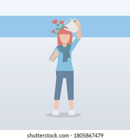 self care and self compassion concept,Woman or girl watering it on her head from a watering can,Red heart shaped flower,Add freshness and confidence,Vector illustration.