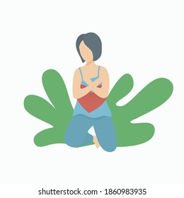 self care and self compassion concept,woman or girl sit hug heart red,Vector illustration.