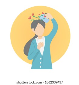 self care and self compassion concept,Woman or girl watering it on her head from a watering can,Red heart shaped flower,Add freshness and confidence,Vector illustration.