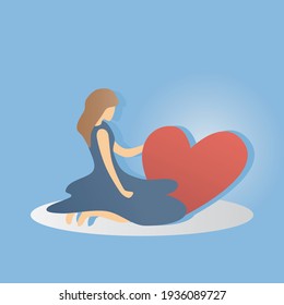 self care and self compassion concept,woman or girl  Sitting sad with a red heart, vector illustration.