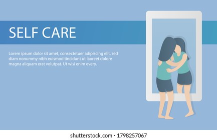 Self Care And Self Compassion Concept,woman Hug Yourself With Love And Encourage,Vector Illustration.