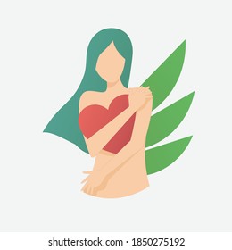 self care and self compassion concept,woman hug yourself and red heart with love,mental health,Vector illustration.