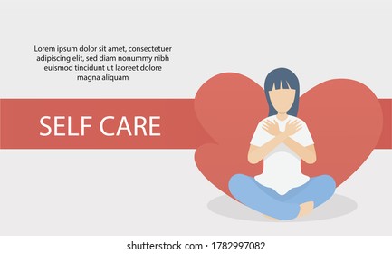 self care and self compassion concept,woman sitting hug yourself with love,meditation,mental health people,Vector illustration.