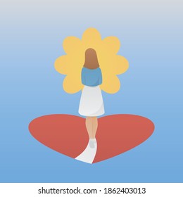 self care and self compassion concept,Women or girl awareness to love yourself and are walking in a path of peace of mind,Vector illustration.