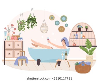 Self care concept with bath and wine symbols flat vector illustration