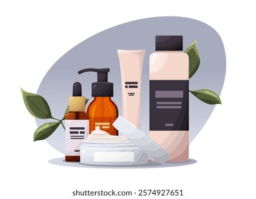 Self care concept. Beauty products, cosmetics. Hand drawn vector illustration.