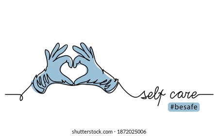 Self care concept during covid epidemic. Hands in protective gloves show love or heart sign. Vector illustration, one continuous line art drawing.