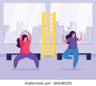 Self care concept flat and colored background with two women in yoga class vector illustration