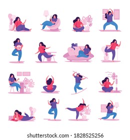 Self care concept flat icon set with different types of rest yoga chill coffee time lotus pose vector illustration