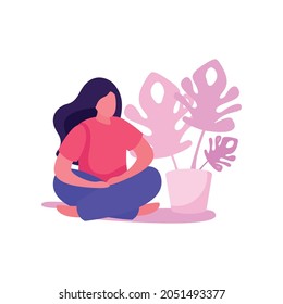 Self care concept with flat woman sitting in yoga lotus position on floor vector illustration