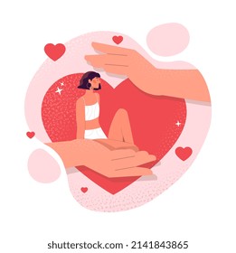 Concepto de autocuidado. Manos acariciando a la chica en el corazón, confort y equilibrio interior. Psicología y autodesarrollo. Las mujeres meditan, se concentran en lo positivo y en el optimismo. Dibujo vectorial plano de dibujos animados