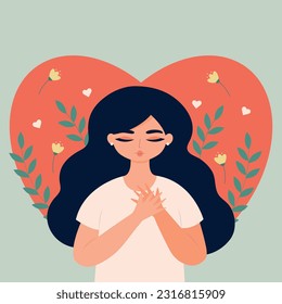 Self care concept. Happy young woman hugging herself. 	
Love yourself. Take time for your self. Cartoon flat vector illustration
