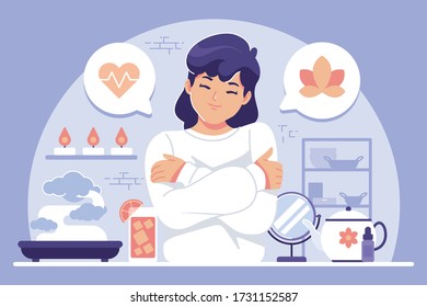  self care concept illustration background (girl hugging herself)