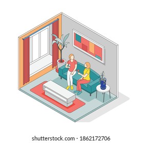 Self care concept isometric composition with isolated room with walls and two people inside vector illustration