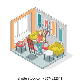 Self care concept isometric composition with man paints a picture at home vector illustration