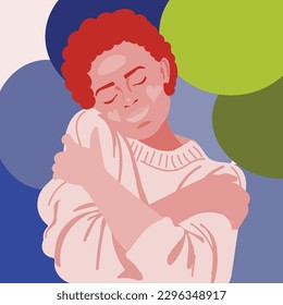 Self care concept, love yourself. Love your body concept. Woman hugging herself with hearts on white background.