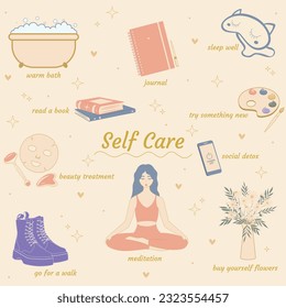 Self care concept. Self-care routine. Icon set of different ways you can practice self care. mental health concept.  Includes meditation, social detox, skin care, reading books, good sleep, walking.