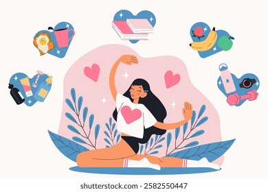 Self care concept. Stretching girl with self love healthy habits stickers. Modern isolated vector illustration.