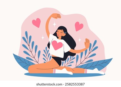 Self care concept. Stretching girl. Positive psychology, self love and mental health concept. Modern isolated vector illustration.