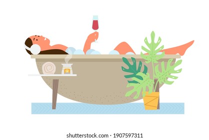 Self Care Concept Vector Illustration. Woman In Headphones Relaxes In Bath With Glass Of Wine.