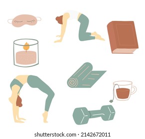 Self care concept vector illustration. Hand drawn illustrations of books, sleep mask, dumbbell, yoga mat , candle.