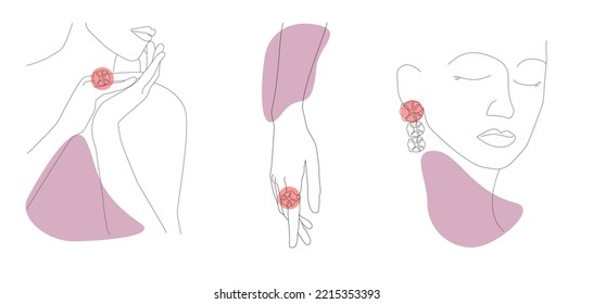 Self care concept. Visit to a Beauty Salon. Set of abstract posters. A woman applies cream on her hands and face. Simple linear illustration.