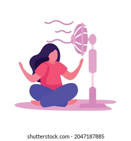 Self care concept with woman chilling in lotus position with electric fan flat vector illustration