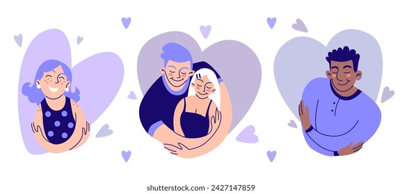 Self care concept with woman and couple hug herself in frame of heart shape. Flat vector illustration set of happy young people embrace themselves, love and accept. Mental psychological health.