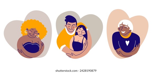 Concepto de autocuidado con la mujer y la pareja se abrazan en el marco de la forma del corazón. Conjunto de ilustración vectorial plana de jóvenes felices se abrazan, aman y aceptan. Salud mental y psicológica.