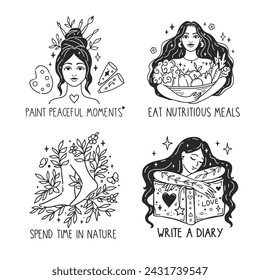 Self care concept. Woman hand drawn. Read a book, eat healthy, walk barefoot. Vector illustration. Doodle cute style